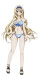  bikini blonde_hair blue_bikini blue_bow blue_eyes blue_hairband bow breasts cecilia_alcott cleavage collarbone drill_hair eyebrows eyebrows_visible_through_hair floral_print front-tie_top full_body hairband hand_on_hip highres infinite_stratos long_hair looking_at_viewer medium_breasts navel shiny shiny_skin smile solo swimsuit transparent_background 