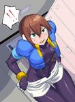  aile bodysuit breasts brown_hair commentary_request gloves green_eyes groin lol_(harikofu) rockman rockman_zx short_hair shorts skin_tight solo spandex undressing 