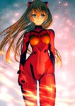  bangs blue_eyes bodysuit bracer breasts clenched_hand closed_mouth cowboy_shot evangelion:_3.0_you_can_(not)_redo gloves glowing hair_between_eyes headgear highres hips long_hair looking_at_viewer medium_breasts neon_genesis_evangelion number orange_hair pilot_suit plugsuit rebuild_of_evangelion serious shikinami_asuka_langley slender_waist smile_(qd4nsvik) solo souryuu_asuka_langley standing tape turtleneck very_long_hair 