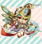  athena_(p&amp;d) brown_eyes chibi fingerless_gloves gloves green_hair helmet long_hair lowres marshmallow_mille open_mouth puzzle_&amp;_dragons reaching_out sandals solo 