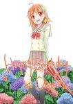  absurdres ahoge alisky birthday braid english flower happy_birthday highres love_live! love_live!_sunshine!! orange_hair red_eyes ribbon school_uniform serafuku short_hair side_braid solo takami_chika umbrella uranohoshi_school_uniform 