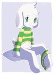  3_toes 4_fingers asriel_dreemurr balls briefs caprine clothed clothing clothing_lift cub fur goat green_eyes half-erect humanoid_penis looking_at_viewer male mammal monster navel penis quilaru11 shirt shirt_lift simple_background sitting solo sweater toes undertale underwear video_games young 