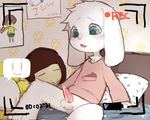  =) asriel_dreemurr balls bed bedding blanket blue_eyes blush bottomless camera_view caprine chara_(undertale) clothed clothing cum cum_on_penis erection goat male mammal monster open_mouth penis pillow pinknuss plushie protagonist_(undertale) shirt sitting solo tapering_penis undertale video_games 