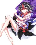  absurdres bad_id bad_pixiv_id ball barefoot black_hair black_nails blue_bow blue_neckwear bow bowtie cape directional_arrow dress grin highres holding holding_ball holding_cape horns kijin_seija looking_at_viewer multicolored_hair nail_polish puffy_short_sleeves puffy_sleeves purple_cape red_eyes red_hair sash sheya short_hair short_sleeves smile solo streaked_hair touhou white_background white_hair yin_yang 