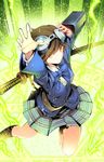  blazer brown_eyes brown_hair goggles goggles_on_head highres jacket ryouku school_uniform shin_megami_tensei shin_megami_tensei:_if... short_hair solo sword uchida_tamaki weapon 