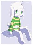  3_toes 4_fingers asriel_dreemurr briefs bulge caprine clothed clothing clothing_lift cub fur goat green_eyes looking_at_viewer male mammal monster navel quilaru11 shirt shirt_lift simple_background sitting solo sweater toes undertale underwear video_games white_fur young 