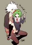  1girl chain danganronpa green_eyes green_hair hair_ribbon haribote_gangsta komaeda_nagito monaka_(danganronpa) ribbon servant_(danganronpa) short_hair smile translated zettai_zetsubou_shoujo 