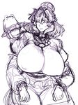  annoyed breast_envy breasts covered_nipples cowboy_shot glaring greyscale hat highres huge_breasts looking_at_another looking_at_breasts looking_back monochrome moriya_suwako multiple_girls short_hair sidelocks size_difference sketch space_jin sweatdrop touhou yasaka_kanako 