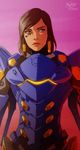  armor artist_name bangs black_hair bodysuit braid brown_eyes brown_hair brown_lipstick closed_mouth dark_skin drakyx eye_of_horus eyebrows eyelashes facial_mark facial_tattoo gradient gradient_background hair_tubes highres lips lipstick makeup overwatch pauldrons pharah_(overwatch) power_armor power_suit short_hair shoulder_pads side_braids signature solo swept_bangs tattoo upper_body 