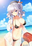  alternate_costume bangs beach beret bikini black_bikini blue_eyes blue_sky blurry blush breasts cleavage cloud cloudy_sky collarbone covered_nipples cowboy_shot day depth_of_field dress_shirt dutch_angle eyebrows_visible_through_hair hair_between_eyes hat highres hips holding innertube kantai_collection kashima_(kantai_collection) large_breasts lens_flare light_particles light_smile looking_at_viewer md5_mismatch mirea navel ocean outdoors revision see-through shirt silver_hair sky smile solo sun sunlight swimsuit twintails unbuttoned unbuttoned_shirt wavy_hair wet wet_clothes white_shirt 