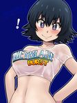  1girl aoi_chiharu awa beyblade beyblade:_burst black_hair blush clothes_writing crop_top hands_on_hips looking_at_viewer purple_eyes short_hair smile solo taut_clothes 