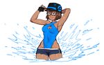  1girl adjusting_clothes adjusting_hat baseball_cap blue_eyes blue_nails brown_hair dark_skin female_protagonist_(pokemon_go) glasses hat nail_polish one-piece_swimsuit pokemon pokemon_go short_hair short_shorts shorts smile solo swimsuit team_mystic 