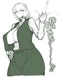  ascot breasts covered_nipples crushing hand_on_hip huge_breasts kazami_yuuka monochrome shirt short_hair skirt solo space_jin testicles thick_thighs thighs touhou vest wide_hips 