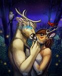  2016 5_fingers anthro antlers avian beak biceps biped bird black_lips black_markings blue_eyes blurred_background brown_feathers brown_hair cardinal_(bird) caress cervine deer digital_media_(artwork) digital_painting_(artwork) duo dyani_(silentravyn) elbow_tufts empty_eyes eske eye_contact eyelashes feathered_wings feathers female firefly forest fur glowing glowing_eyes hair hand_on_back hand_on_chest hooves horn humanoid_hands kissing leaves love male male/female mammal mane_hair markings multicolored_fur nature night nude open_mouth orange_fur owl perch red_feathers red_markings robby_angel romantic shaded simple_background snout standing star tail_feathers tan_fur theowlette tree tuft two_tone_feathers two_tone_fur white_dots white_feathers white_fur white_markings wings 