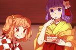  :q cake eating flower food hair_flower hair_ornament hieda_no_akyuu japanese_clothes kimono motoori_kosuzu multiple_girls nekolina orange_eyes orange_hair plate purple_eyes purple_hair slice_of_cake tongue tongue_out touhou two_side_up 