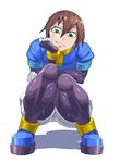  1girl :3 aile bodysuit brown_hair green_eyes jacket lol_(harikofu) looking_at_viewer naughty_face rockman rockman_zx shadow shiny shiny_clothes shiny_hair short_hair simple_background smile solo spandex squatting tomboy 