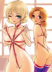  2girls ass back blonde_hair blue_eyes blush braid breasts commentary_request cowboy_shot darjeeling dated girls_und_panzer looking_at_viewer looking_back medium_breasts multiple_girls naked_ribbon one_eye_closed onsen_tengoku open_mouth orange_hair orange_pekoe partially_visible_vulva revision ribbon short_hair skindentation small_breasts smile thighhighs union_jack wedgie 