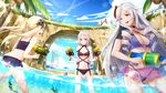  :/ ;d absurdres ahoge arch bad_id bad_pixiv_id ball beach beachball bikini black_swimsuit blonde_hair blue_eyes breasts choker cleavage cloud coconut collarbone day drill_hair dual_wielding expressionless fish grass grey_hair groin highleg highleg_bikini highres holding land_bridge long_hair looking_at_another maya_g medium_breasts multiple_girls navel one_eye_closed open_mouth original outdoors palm_tree partially_underwater_shot purple_eyes red_eyes see-through sideways_mouth sky smile sparkle standing sunlight swimsuit tree twin_drills twintails underboob very_long_hair volleyball_net wading water water_drop water_gun 