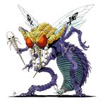  artist_name beelzebub_(megami_tensei) bug carapace claws compound_eyes fangs fly highres insect insect_wings kazuma_kaneko mandibles multiple_arms no_humans official_art oldschool shin_megami_tensei skull_and_crossbones skull_necklace solo staff tiger_print wings 