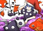  &gt;:) adjusting_clothes adjusting_hat blue_eyes blue_hair commentary_request doremy_sweet dream_soul dress fish goldfish hat kan_(aaaaari35) looking_away nightcap parted_lips pom_pom_(clothes) shaded_face short_hair short_sleeves smile solo tail tapir_tail touhou v-shaped_eyebrows 