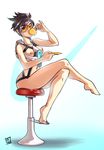  1girl adapted_costume areolae breasts brown_hair cup dalehan drink feet goggles gradient_background legs_crossed navel nipples overwatch short_hair sitting solo spiked_hair toes tracer_(overwatch) 