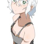  +_+ 1girl kalimantan looking_at_viewer nipples original overalls shiny shiny_skin short_hair simple_background small_breasts sweat upper_body white_background white_hair 