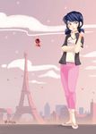  artist_name bad_id bad_tumblr_id blue_eyes blue_hair building city earrings eiffel_tower flats full_body highres jacket jewelry k1216 marinette_dupain-cheng miraculous_ladybug nail_polish petals signature skyscraper sleeves_rolled_up smile tikki_(miraculous_ladybug) twintails white_nails 