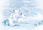  alolan_ninetales alolan_vulpix blue_eyes family fox fox_ears fox_tail gradient gradient_background ice multiple_tails ninetales no_humans open_mouth outdoors pokemon pokemon_sm smile snow tail vulpix watermark 