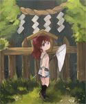  alto168 bad_id bad_pixiv_id brown_hair butterfly_net fence from_behind grass hand_net high_ponytail highres kodama_fumika long_hair looking_back outdoors picket_fence rope sacred_tree_(youkai_watch) shimenawa solo tree wooden_fence youkai_watch 