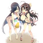 :d :o ahoge ball beachball bikini black_hair bow bracelet breasts cleavage commentary_request double_v eyes_visible_through_hair eyewear_on_head frilled_bikini frills full_body hair_bow hair_over_one_eye hayashimo_(kantai_collection) hidori_(hibi_toridori) jewelry kantai_collection large_breasts leaning_forward multicolored_hair multiple_girls naganami_(kantai_collection) one_eye_closed open_mouth pigeon-toed pink_hair purple_eyes side-tie_bikini smile standing sunglasses swimsuit two-tone_hair v white_background yellow_eyes 