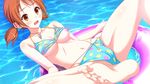  1girl amber_eyes bare_shoulders barefoot blush breasts brown_hair cameltoe collarbone female game_cg idol_wars_z jewelry midriff navel necklace nipples open_mouth pool short_hair solo spread_legs swimsuit tongue water 