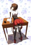  absurdres brown_eyes brown_hair desk floral_background from_behind headgear highres ink_bottle kantai_collection looking_at_viewer parted_lips short_hair solo taihou_(kantai_collection) thighhighs tt-sh 