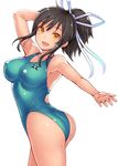  ass asuka_(senran_kagura) breasts brown_hair competition_swimsuit katagiri_(a1466502) long_hair looking_at_viewer medium_breasts one-piece_swimsuit orange_eyes ponytail senran_kagura senran_kagura_shoujo-tachi_no_shin'ei simple_background smile solo swimsuit thighs tied_hair white_background 