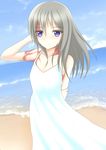  arm_behind_back bare_shoulders beach blue_eyes blue_sky blush burn_scar cloud collarbone day dorei_to_no_seikatsu_~teaching_feeling~ dress grey_hair hand_in_hair highres long_hair looking_at_viewer md5_mismatch ocean outdoors revision robu_(ms08bb) scar sky smile solo sundress sylvie_(dorei_to_no_seikatsu) white_dress 