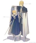  1girl ahoge airgetlam_(fate) aosora_aoi artoria_pendragon_(all) bad_id bad_pixiv_id bedivere blonde_hair blue_cape blue_eyes cape closed_eyes cross fate/grand_order fate/stay_night fate_(series) full_body gloves height_chart pixiv_number ponytail saber watermark white_background white_cape 