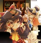  1boy 2girls black_hair blonde_hair book bow brown_eyes closed_eyes facepalm glasses hair_bow hakurei_reimu hat highres kirisame_marisa magnifying_glass morichika_rinnosuke multiple_girls newspaper open_mouth plate poprication sweat sweatdrop touhou white_hair yellow_eyes 