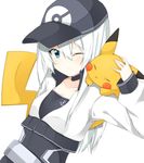  alternate_costume anchor_symbol animal animal_on_shoulder baseball_cap blue_eyes closed_eyes cropped_jacket female_protagonist_(pokemon_go) gen_1_pokemon hair_between_eyes hat hibiki_(kantai_collection) kantai_collection long_hair long_sleeves looking_at_another one_eye_closed pikachu pokemon pokemon_(creature) pokemon_go rateratte silver_hair upper_body 