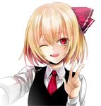  2016 ;d blonde_hair hair_ribbon highres one_eye_closed open_mouth reaching_out red_eyes ribbon rumia self_shot shirt short_hair signature smile solo suprii touhou upper_body v vest 