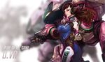  aiming_at_viewer bodysuit breasts brown_hair character_name covered_nipples d.va_(overwatch) duto finger_gun headphones highres long_hair md5_mismatch mecha medium_breasts meka_(overwatch) one_eye_closed overwatch pilot_suit play_of_the_game solo 