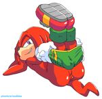  anthro anus bulge butt clothing coolblue echidna footwear half-closed_eyes knuckles_the_echidna looking_at_viewer lying male mammal monotreme pink_eyes shoes shorts simple_background smile solo sonic_(series) undressing 