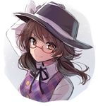  asa_(coco) brown_eyes brown_hair glasses hand_on_headwear hat looking_at_viewer smile solo touhou upper_body usami_sumireko 
