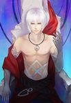  1boy albedo_piazzolla albino bare_shoulders belt closed_mouth collarbone elbow_gloves gloves kamemushi looking_at_viewer male_focus necklace purple_eyes sitting smile solo white_hair xeno_(series) xenosaga 