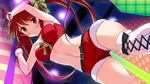  1girl arms_up bare_shoulders bell belt blush collar collarbone female game_cg gloves hair_bow hair_ornament idol_wars_z looking_at_viewer midriff navel red_eyes red_gloves red_hair red_shorts santa_costume shorts smile solo spread_legs twintails 