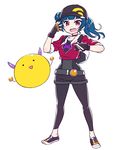  :d baseball_cap belt black_gloves black_legwear blue_hair cellphone chan_co choker cosplay crossover demon_horns di_gi_charat female_protagonist_(pokemon_go) female_protagonist_(pokemon_go)_(cosplay) fingerless_gloves full_body gema gloves hair_bun hat horns leggings long_hair love_live! love_live!_sunshine!! open_mouth phone pokemon pokemon_go ponytail pose red_eyes shoes smartphone smile sneakers solo standing tsushima_yoshiko white_background 