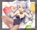  animal_ears bow bowtie bunny_ears bunnysuit detached_collar drill_hair heart heart_pillow highres long_hair lying original pantyhose pillow shina_shina silver_hair smile solo twin_drills twintails wrist_cuffs yellow_eyes 