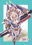  2016 aqua_hair arm_up armor axe blue_eyes boots breasts breasts_apart capcom character_request cup drinking_glass drinking_straw fingerless_gloves from_above gateofrage gauntlets gloves helmet highres holding holding_cup huge_weapon looking_at_viewer medium_breasts monster_hunter smile solo switch_axe walking weapon weapon_on_back 