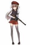  1girl armband beret brown_hair female full_body gun hammer_and_sickle hat holding holding_weapon long_hair long_sleeves looking_at_viewer original rabochicken rifle simple_background skirt smile solo thighhighs trigger_discipline vest vss_vintorez weapon white_background 