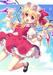  bad_id bad_pixiv_id black_footwear blonde_hair blush bobby_socks eyebrows eyebrows_visible_through_hair flandre_scarlet hat hat_ribbon highres looking_at_viewer mary_janes masaru.jp mob_cap open_mouth puffy_short_sleeves puffy_sleeves red_eyes red_ribbon red_skirt ribbon shoes short_sleeves skirt skirt_set smile socks solo touhou vest water_drop white_legwear wings wrist_cuffs yellow_ribbon 