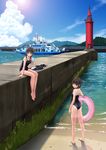  arm_support ass back bad_id bad_pixiv_id bangs bare_legs bare_shoulders barefoot beach black_eyes black_hair blue_sky blush braid breasts carrying_under_arm caustics chikuwa_(odennabe) closed_mouth clothes_removed cloud competition_school_swimsuit concrete day dock expressionless ferry_(ship) food foot_dangle hair_ornament hair_over_shoulder hairclip highres holding holding_food innertube legs_apart legs_together lens_flare light_particles lighthouse long_hair looking_at_viewer looking_back moss mountain multiple_girls ocean one-piece_swimsuit original outdoors popsicle revision sand school_swimsuit shadow ship shirt_tan shoes_removed shorts_tan sitting sky small_breasts smile standing sun sunlight swimsuit tan tanline twin_braids twintails water watercraft waves 