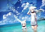  animal_ears blue_sky blush cloud collar commentary_request day dress izumi_sai long_hair looking_at_viewer megastructure multiple_girls ocean off_shoulder open_mouth original outdoors partially_submerged red_eyes scenery short_hair sky standing tail wading water wet white_dress white_hair wind 